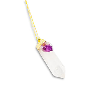 Clear Quartz with Amethyst Pendant Necklace - Gold