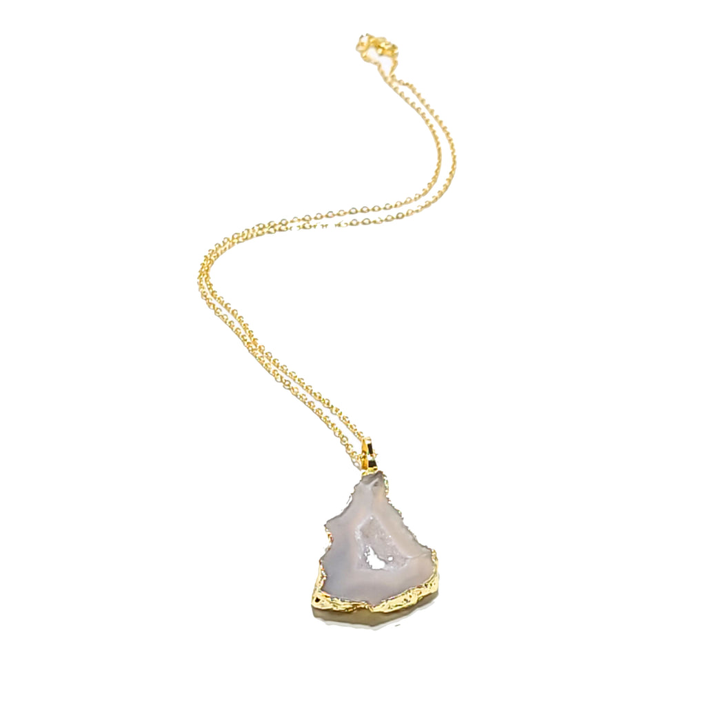 White Agate Slice Stone Necklace - Gold